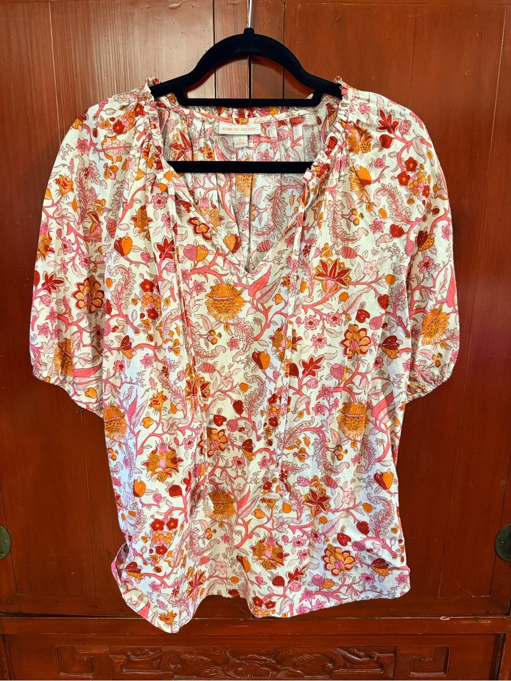 Knox Rose Floral V-Neck Blouse Balloon Sleeves Like New